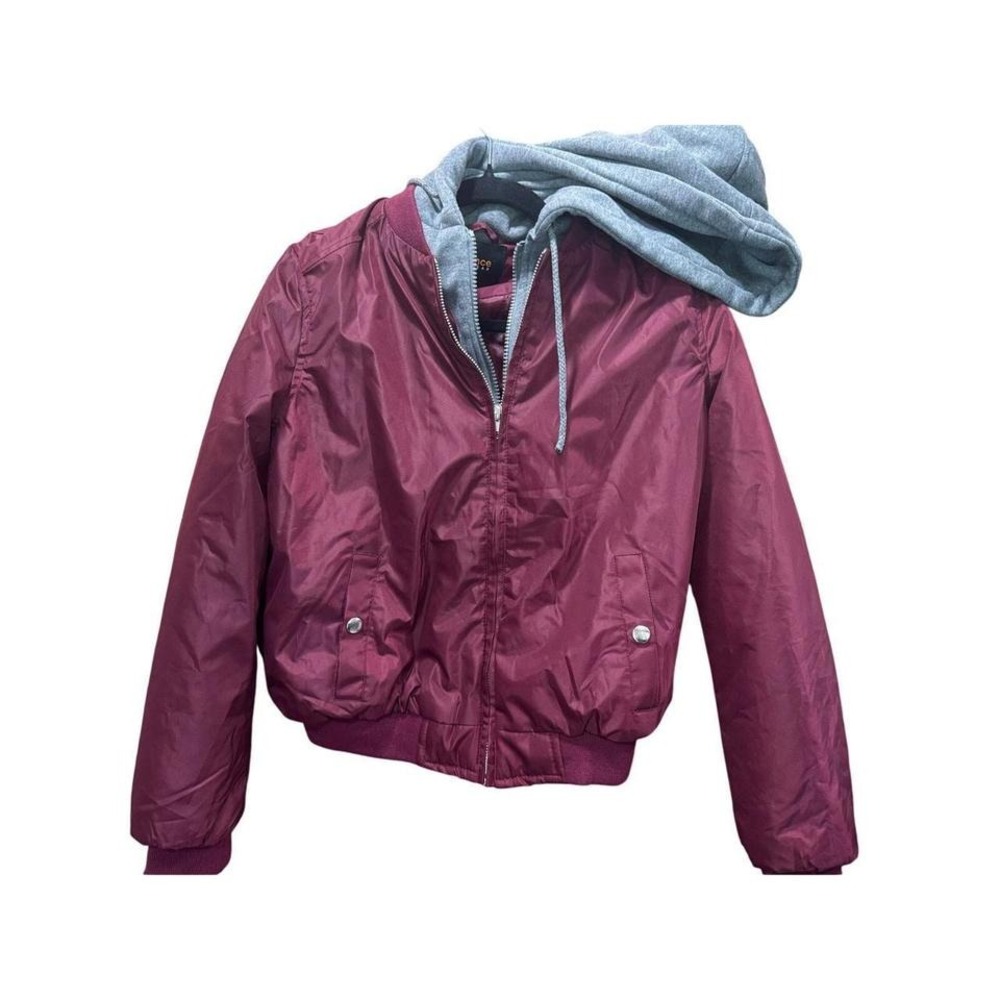 Ambiance Outerwear Womens Burgundy Bomber Jacket Grey‎ Hooded Full Zip Medium